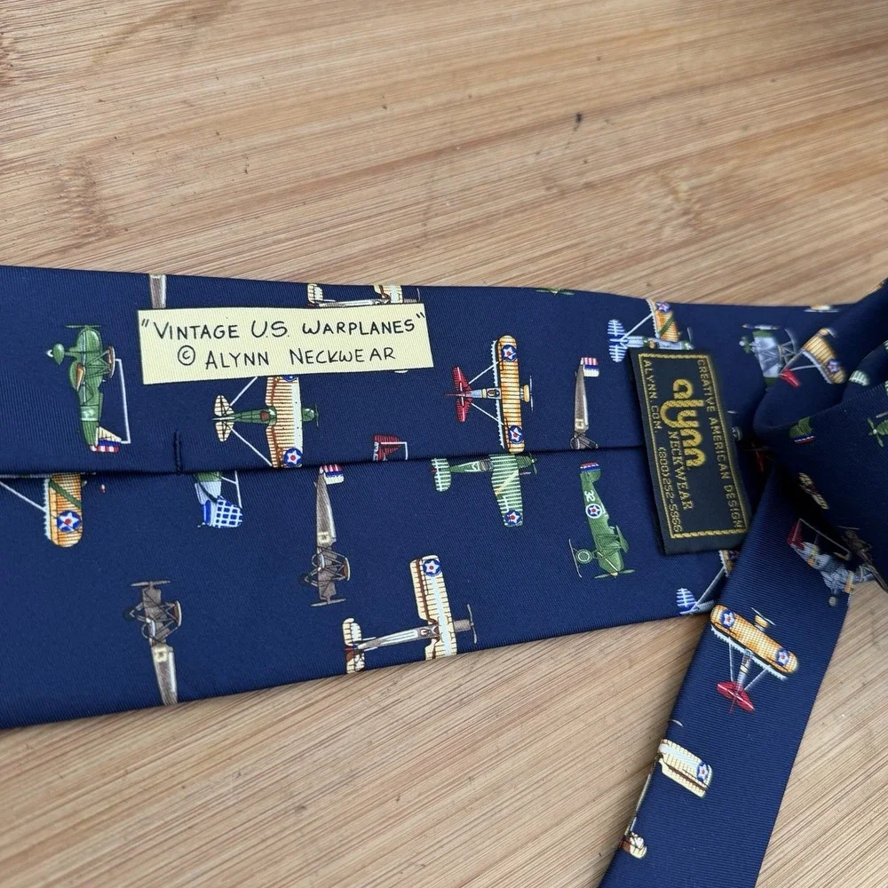Alynn Necktie Blue Silk War Plane Aviation Print Retro Novelty Career Office